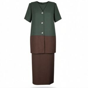 Leslie Fay Maxi Dress Suit Size 12 Colorblock Longline Vest Brown Green